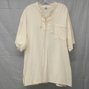 Tunic Shirt 100% Cotton Bohemian Hippie Ivory Cream Tie V Neck Pocket Peasant